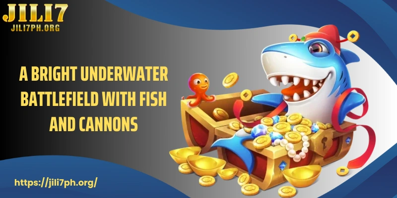 A bright underwater battlefield with fish and cannons