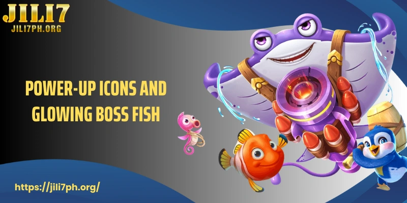 Power-up icons and glowing boss fish